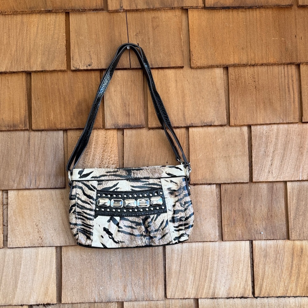 Kathy Van Zeeland Zebra Print Shoulder Bag with Stud Details - Black & Cream